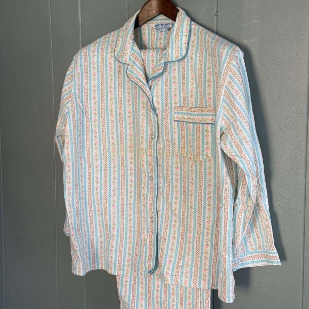 Vintage Kismet Klassics Floral Stripe Pajama Set Blue Pink FLAW L Cottagecore